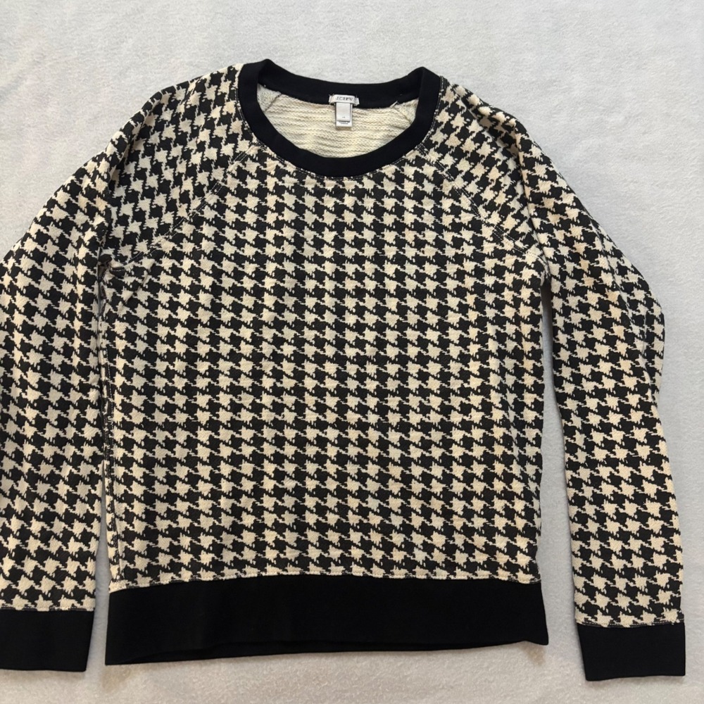 J.Crew Womens Houndstooth Cotton French Terry Sweatshirt Black Cream 99124 XS